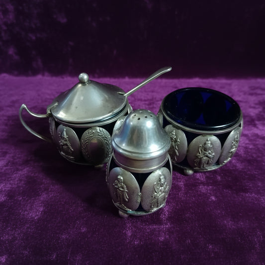 classic silver cruet condement set interesting engraved badges glass inserts 103grms 188 grms
