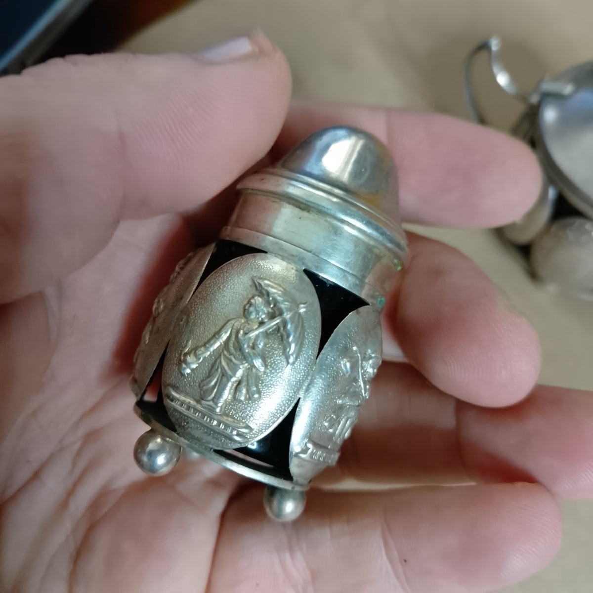 classic silver cruet condement set interesting engraved badges glass inserts 103grms 188 grms