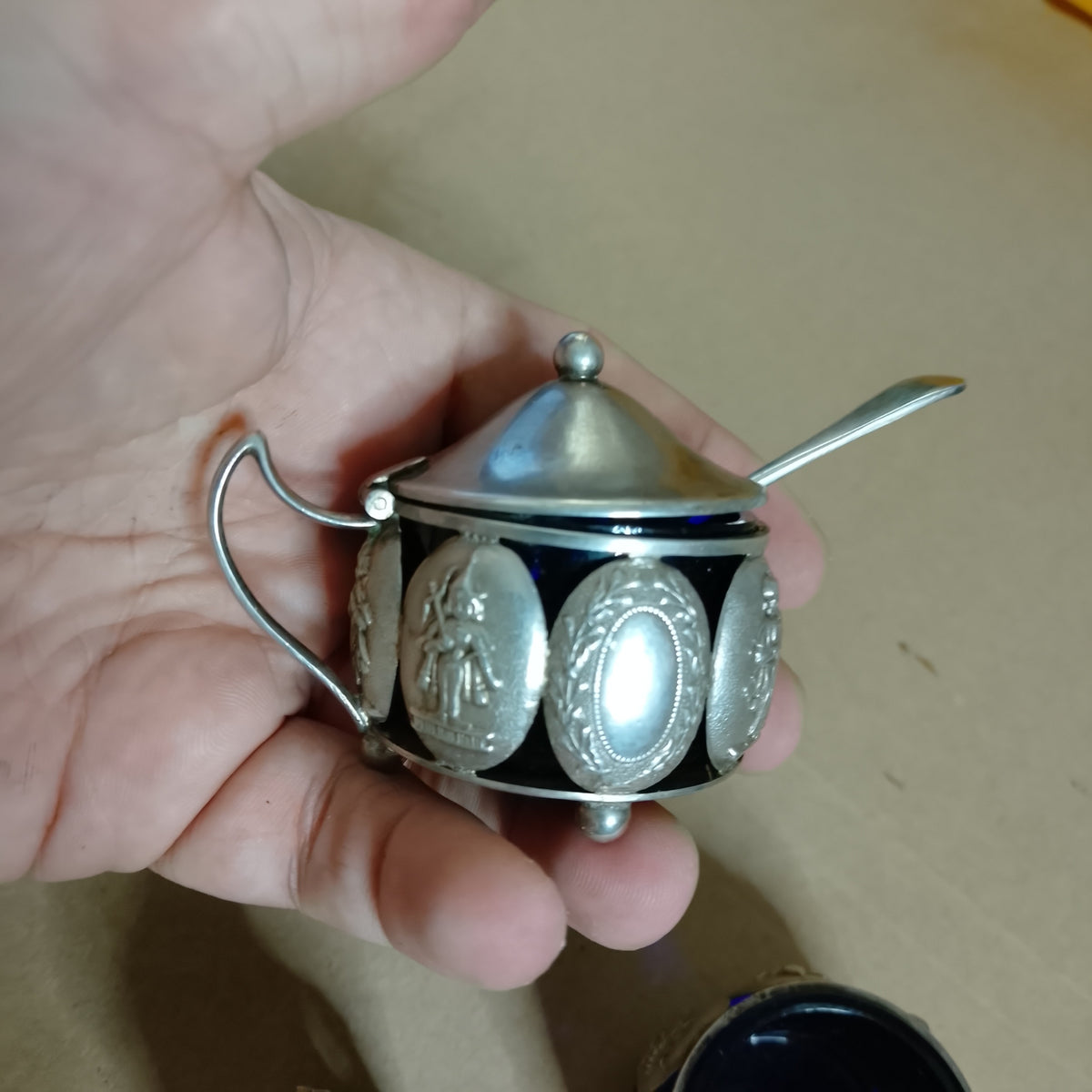 classic silver cruet condement set interesting engraved badges glass inserts 103grms 188 grms