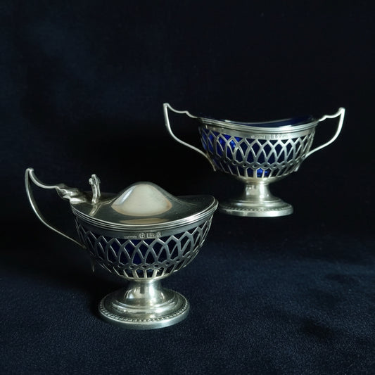 Vintage sterling silver condiment tablewear set of two pots with cobalt blue glass 96 grms /173 grms