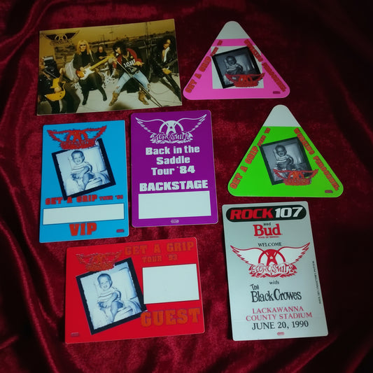 Aerosmith rock band collection of various retro 80's 90's Otto VIP Backstage passes unused satin sticker type