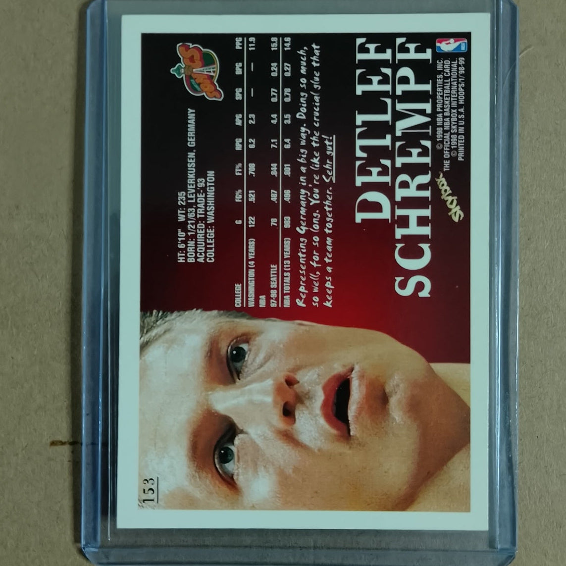 Detlef Schrempf 1998 Skybox NBA Hoops #153 Seattle super sonics NBA Basketball card VGC
