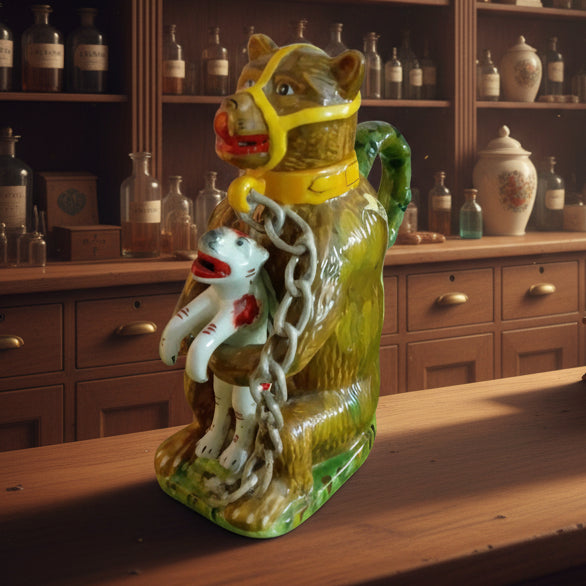 Staffordshire pottery Greased bear jug , Bear holding a dog , advertising pottery so nice !!