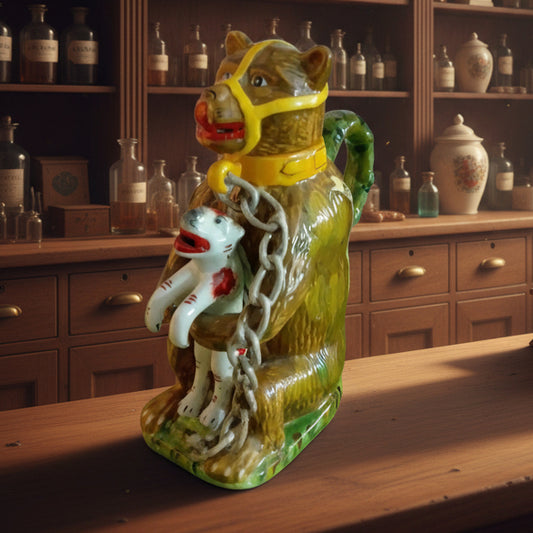 Staffordshire pottery Greased bear jug , Bear holding a dog , advertising pottery so nice !!