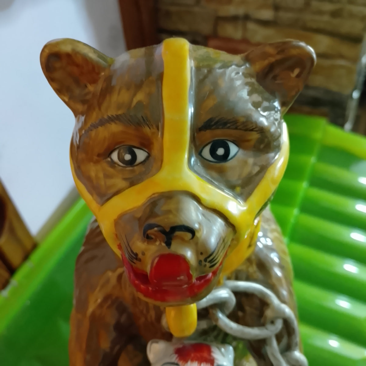 Staffordshire pottery Greased bear jug , Bear holding a dog , advertising pottery so nice !!