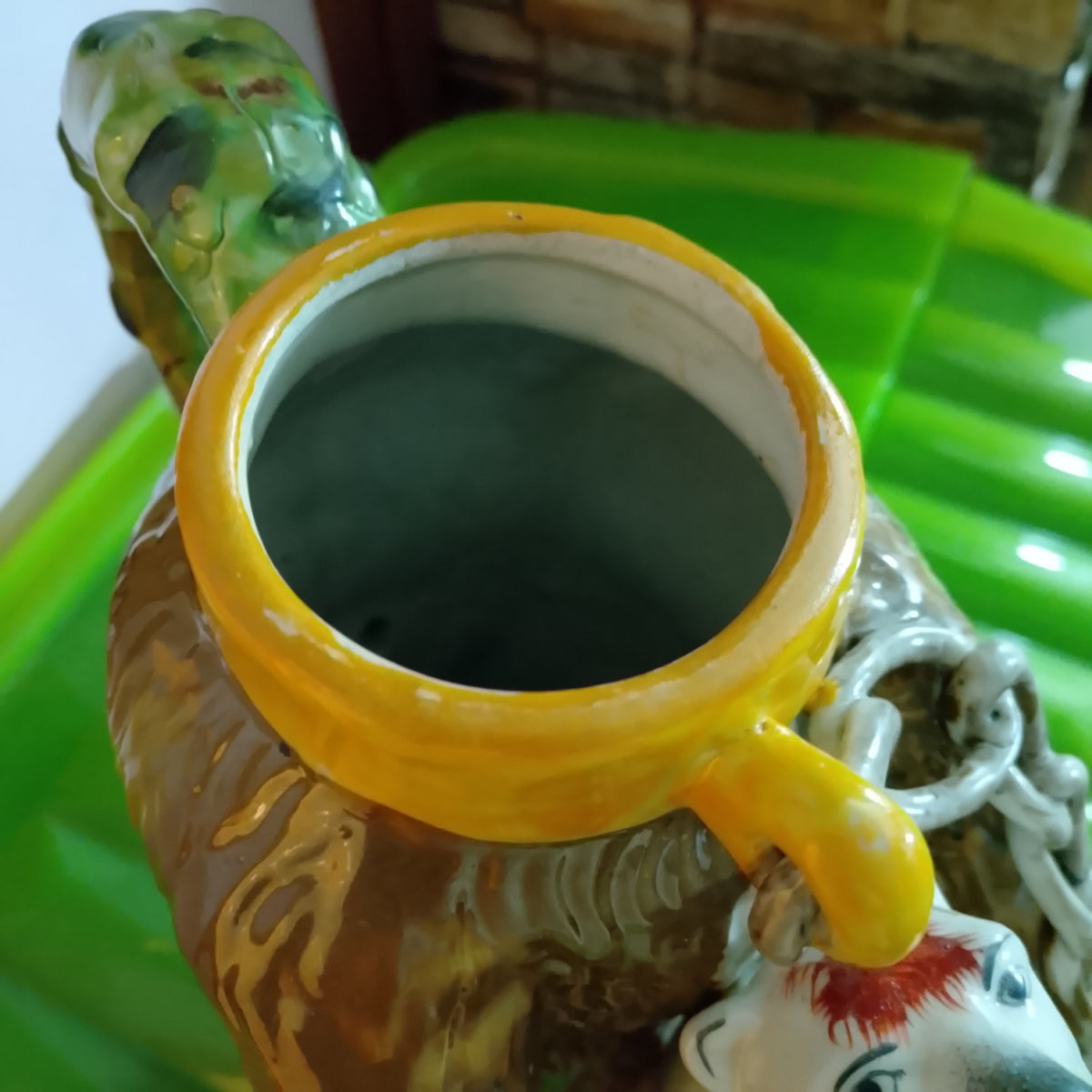 Staffordshire pottery Greased bear jug , Bear holding a dog , advertising pottery so nice !!