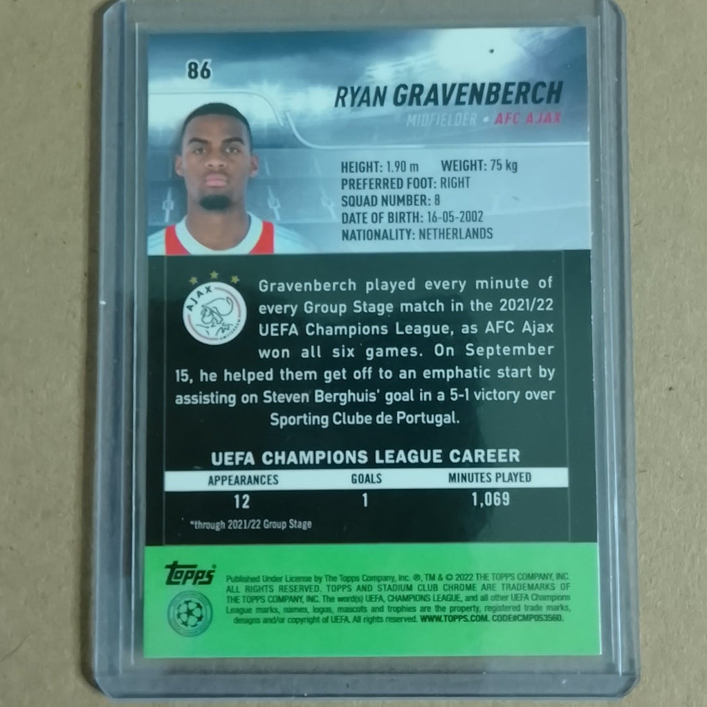 Ryan Gravenberch 2002 toops chrome stadioum club #86 Soccer AFC AJAX Excellent + Sleeved