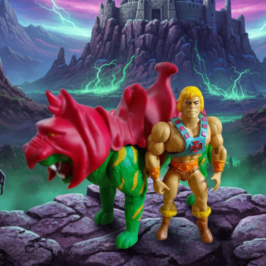 Masters of the Universe 2000 Origins He-Man with Battlecat  loose nice old head variant
