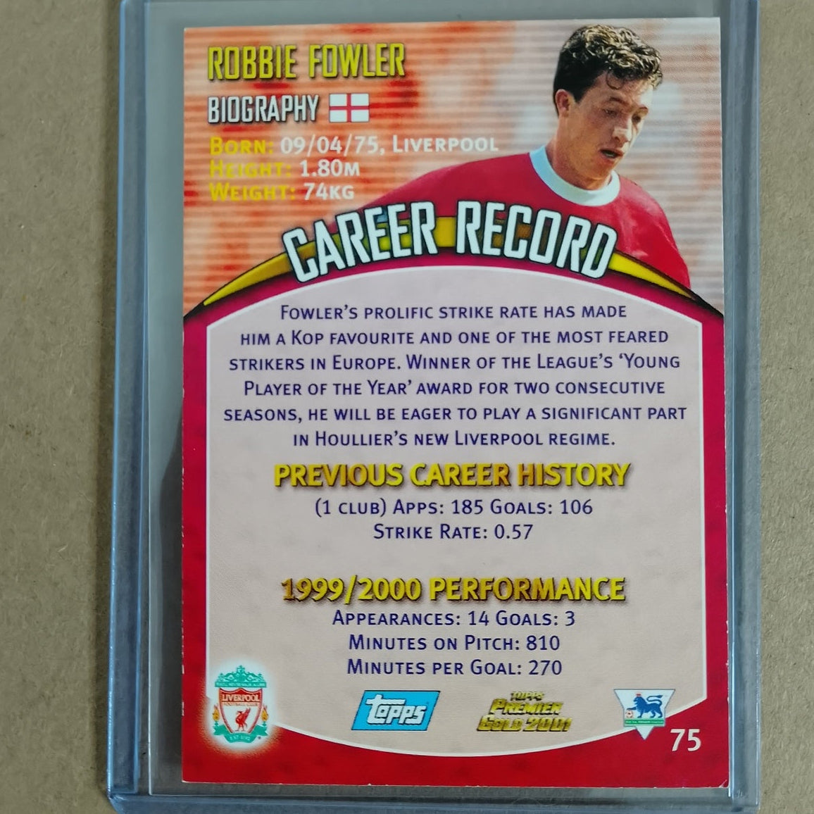 Robbie Fowler Topps premier gold 2000 #75 Liverpool soccer card vgc 