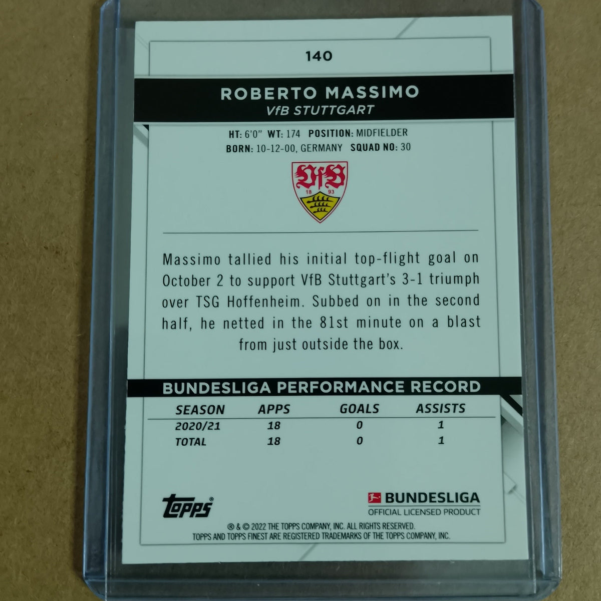Roberto Massimo 20122 Topps Bundesliga rookie rc #140 vfb stuttgart soccer card excellent +