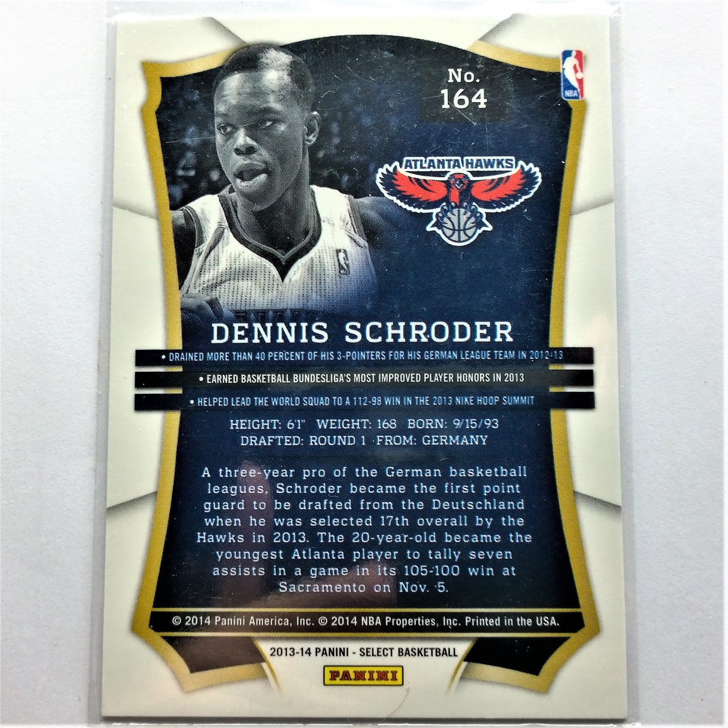 Dennis Schroder Panini Select NBA Basketball #164 Rookie-Karte Atlanta Hawks, neuwertig bedruckt