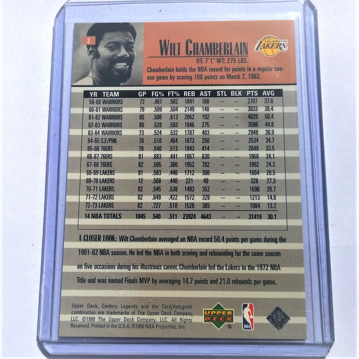 Wilt Chamberlain 1999 Upper Deck Century Legends #3 Top 50 players NBA Basketball LA Lakers Mint Sleeved