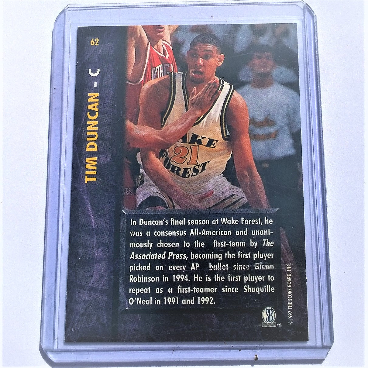 Tim Duncan 1997 The Scoreboard Basketball Rookies #62 Wake Forest San Antonio Spurs Rookie vgc ärmellos