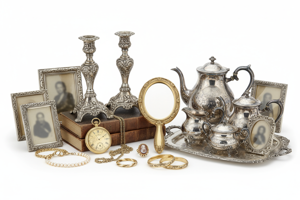 antiques gold silver white background
